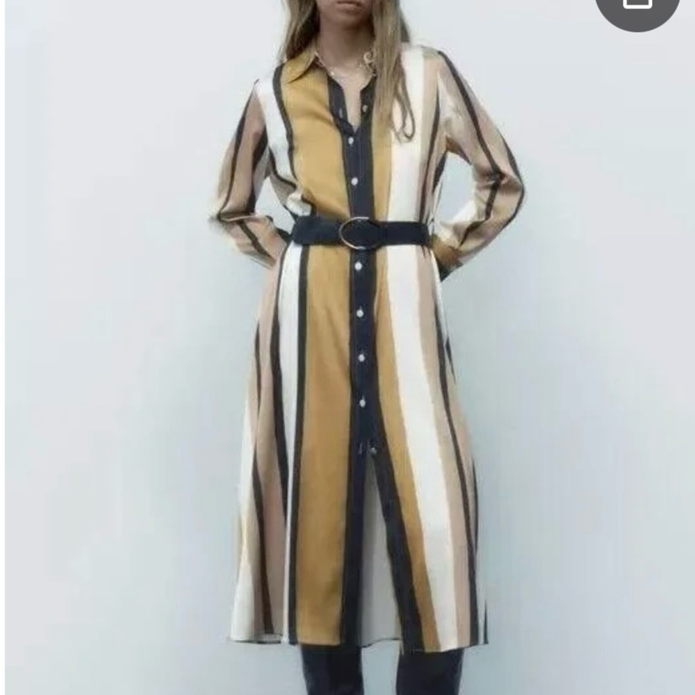 Zara Tan Buttoned Midi Dress with Notched Collar